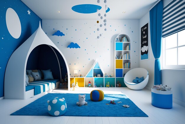 Intérieur d'une chambre d'enfants moderne avec des meubles et des jouets élégants Chambre de jeux pour enfants Chambre de couchage pour enfants