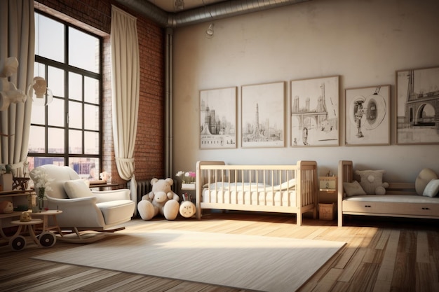 L'intérieur d'une chambre d'enfants de style scandinave avec lits bébé et peluches