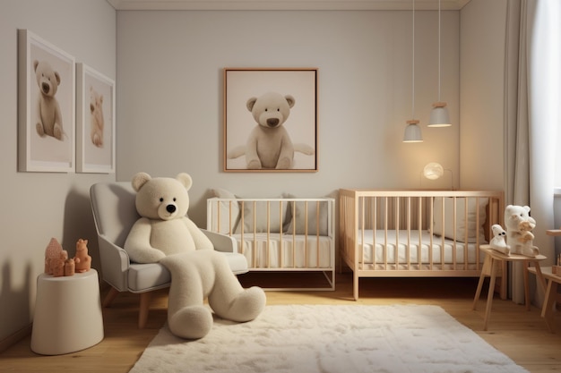 L'intérieur d'une chambre d'enfants de style scandinave avec des lits et des jouets en peluche