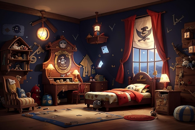 L'intérieur de la chambre des enfants sur le thème des pirates la nuit