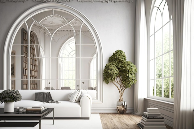 Intérieur de la chambre avec fenêtres cintrées blanches et grand miroir