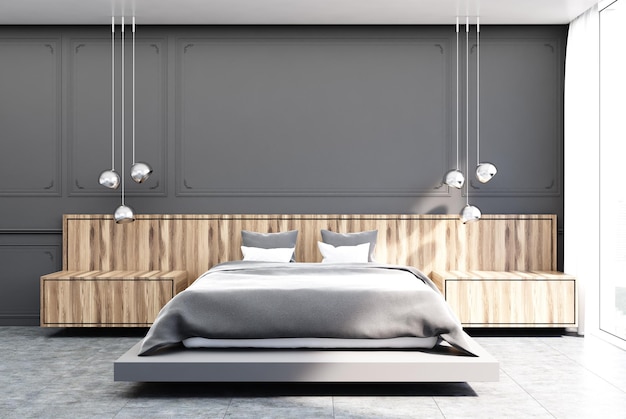 Intérieur de chambre grise avec un sol en béton, un lit principal avec deux tables de chevet en bois et une fenêtre panoramique. maquette de rendu 3d