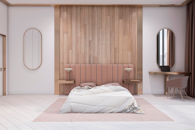 Intérieur de chambre d'hôtel élégant en bois et en béton moderne Concept de design Rendu 3D