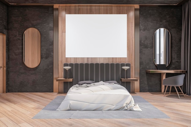 Intérieur de chambre d'hôtel élégant en bois et en béton moderne avec maquette blanche vide bannière Design concept rendu 3D