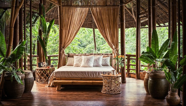 L'intérieur d'une chambre d'hôtel avec un lit en bois dans les tropiques
