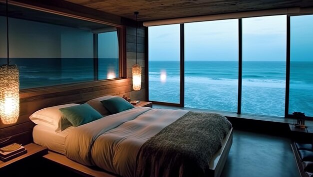 Photo intérieur de la chambre d'hôtel avec lit avec vue sur la mer à travers la fenêtre illustration générative ai