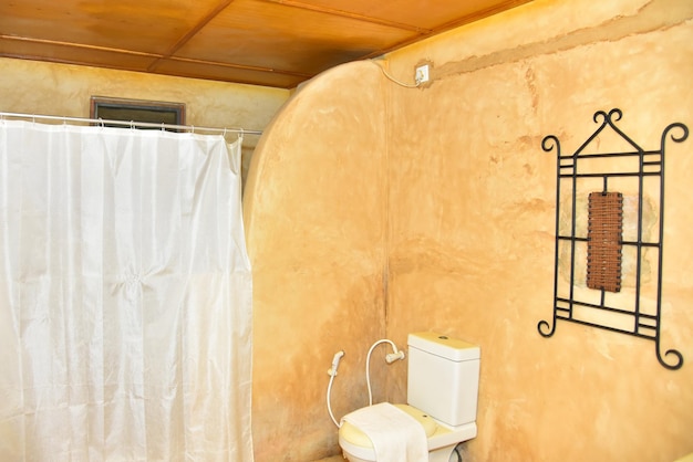 L'intérieur d'une chambre d'hôtel avec une toilette et une cabine de douche