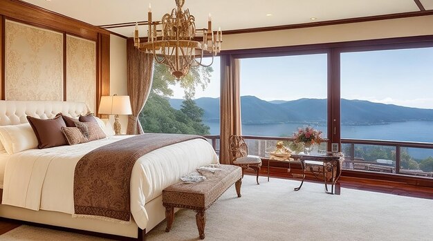 Photo intérieur de chambre de luxe avec mobilier riche et vue panoramique depuis le pont de débrayage