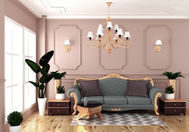 Intérieur de la chambre de luxe vide avec canapé dans la chambre mur rose sur plancher en bois. Rendu 3D