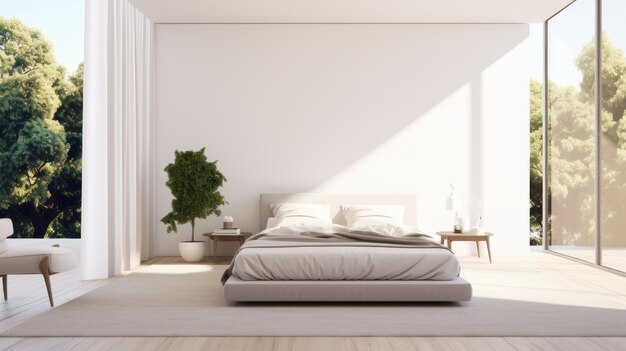 Photo intérieur d'une chambre minimaliste de style scandinave dans une villa ou un hôtel de luxe murs blancs grand fauteuil-lit confortable fenêtres du sol au plafond donnant sur un paysage d'été pittoresque maquette de rendu 3d