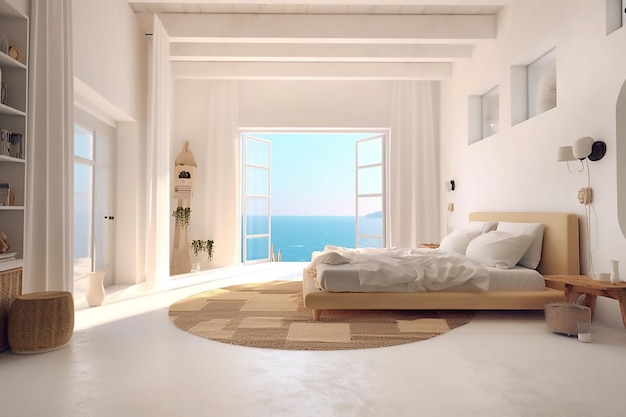 Intérieur de chambre moderne en blanc avec vue sur la mer, espace de copie pour le texte AI générative