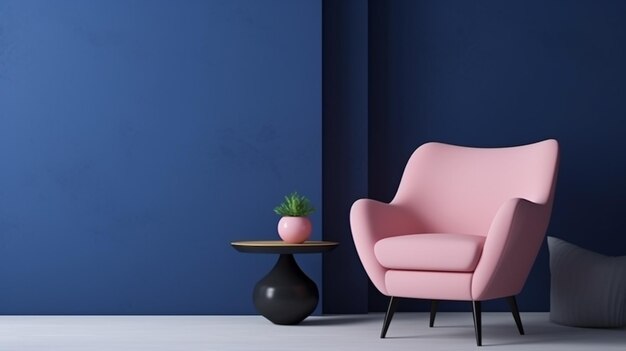 Intérieur de chambre moderne avec fauteuil rose bébé et table avec mur de couleur bleu foncé