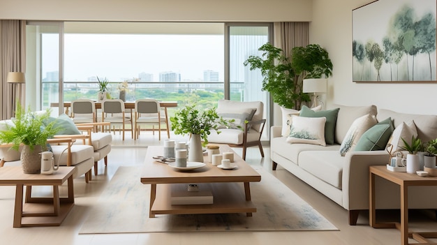 Intérieur de chambre moderne avec fenêtre et vue sur la ville et meubles en bois Rendering 3D