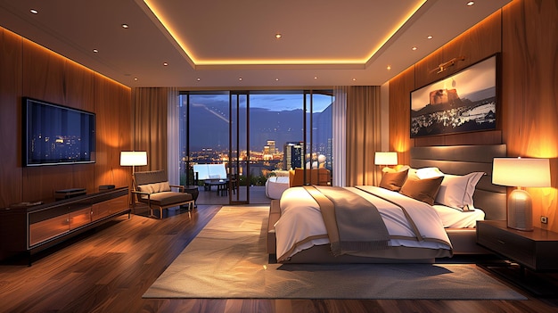 Intérieur de chambre moderne de luxe la nuit avec vue sur l'horizon de la ville avec un grand lit et un mobilier élégant