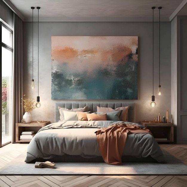 Intérieur d'une chambre moderne avec des murs blancs, un sol en bois, un lit king-size confortable avec des draps beiges et une affiche sur le mur rendu 3d