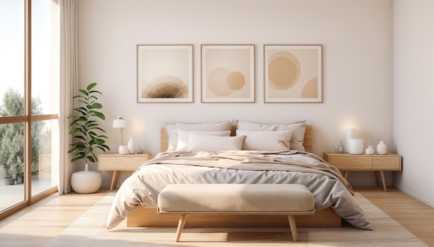 L'intérieur d'une chambre moderne avec des murs blancs, un sol carrelé, un lit king-size confortable avec du linge beige.