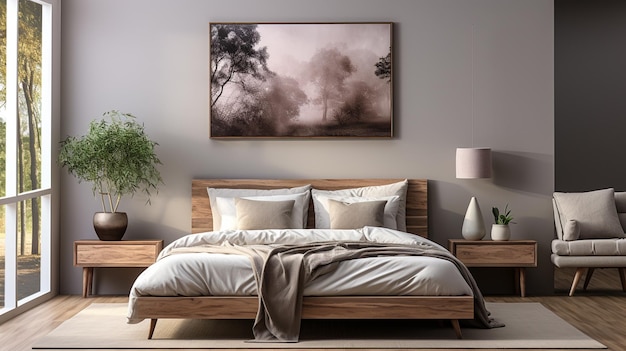 Photo intérieur de chambre moderne avec murs en bois, lit parquet et fenêtre ai générative