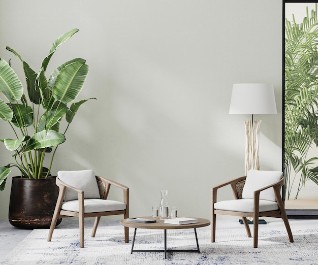 Intérieur de la chambre avec mur neutre clair avec lumière du soleil et mobilier en bois avec plantes tropicales et feuilles de palmier, rendu 3d