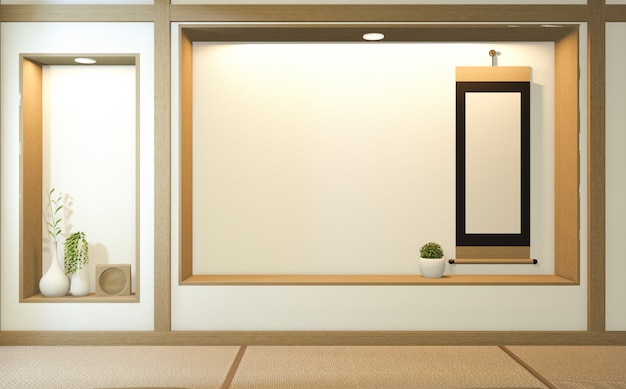 Intérieur de chambre Nihon avec papier de porte et étagère d'armoire murale sur tatami mat étage chambre de style japonais. Rendu 3D