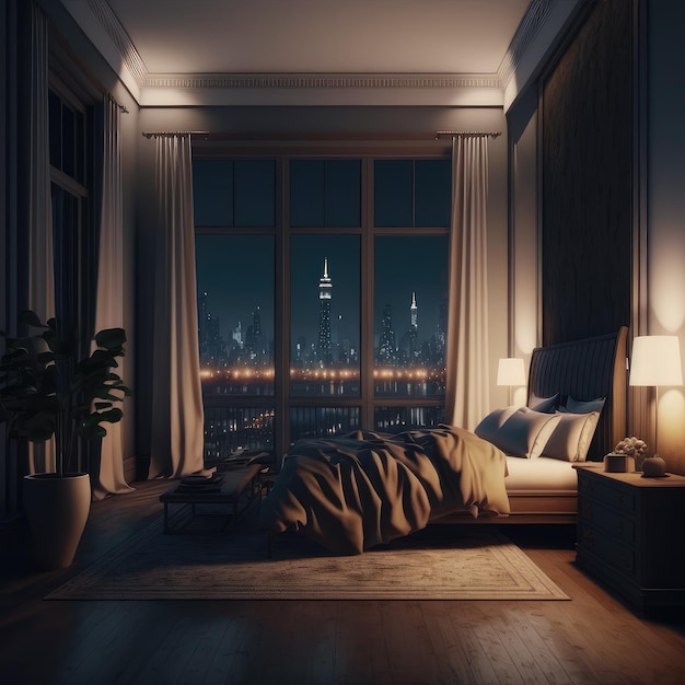 Intérieur de chambre penthouse de luxe la nuit