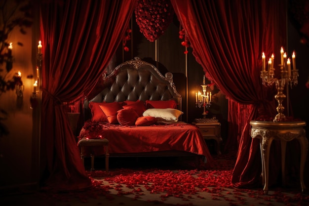 Intérieur de chambre romantique avec des rideaux roses et des cœurs rouges concept de la Saint-Valentin