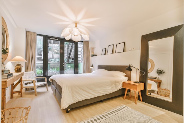 L'intérieur d'une chambre spacieuse avec un grand lit blanc et un miroir dans un appartement moderne