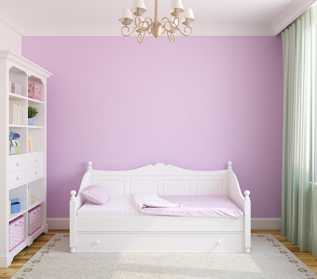 Photo intérieur de la chambre des tout-petits avec des meubles blancs et un mur violet. vue frontale. rendu 3d.