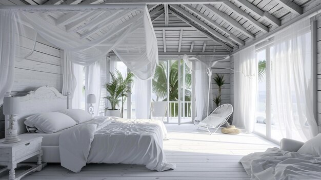 Intérieur de chambre tropicale blanche style côtier chambre côtière climat tropical génératif Ai