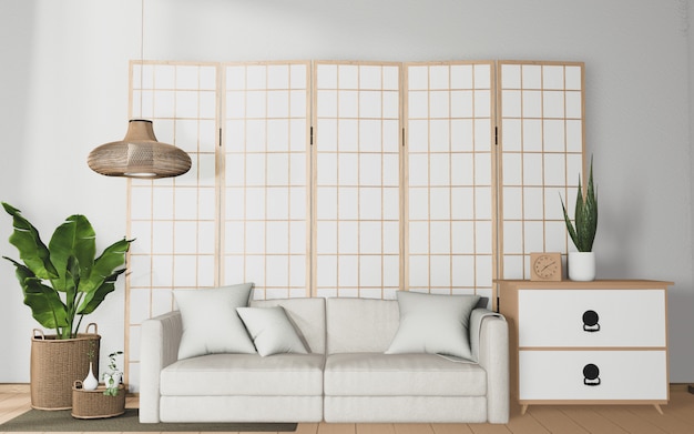 Intérieur de la chambre tropicale avec canapé et décoration de plantes sur plancher en bois