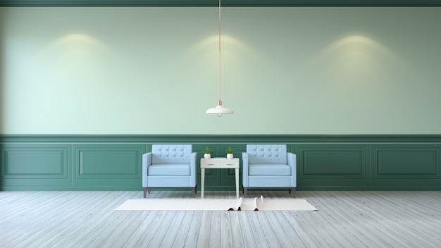 Intérieur de la chambre verte vintage, fauteuils bleu clair avec table verte vert menthe