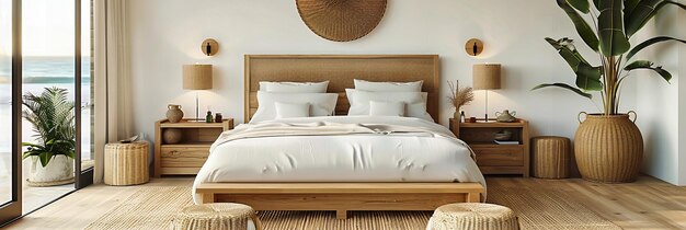 Intérieur chic de chambre à coucher avec lit blanc Décor en bois élégant et éclairage brillant Créant une atmosphère paisible et élégante