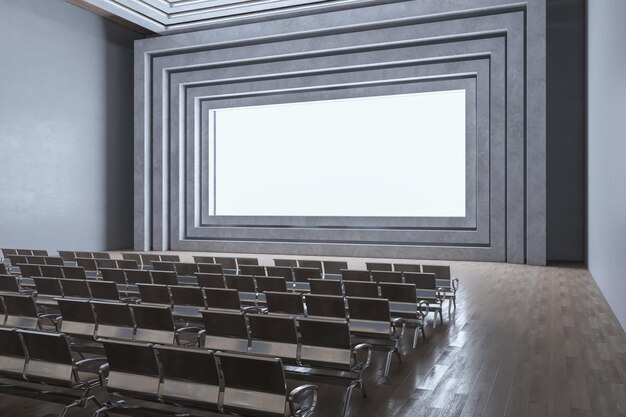 Intérieur de cinéma contemporain avec maquette sur écran blanc et sièges rendu 3D