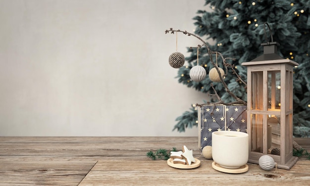 Intérieur clair avec le sapin de Noël et un rendu 3d de table en bois