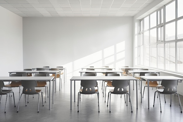 Intérieur de classe moderne avec des murs blancs, un sol en béton, des rangées de chaises noires et des tables rondes