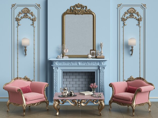 Intérieur classique aux couleurs bleues et roses avec cheminée. Miroir, murs avec moulures. Fauteuils classiques, table sculptée à décor. Parquet à chevrons. Rendu 3D