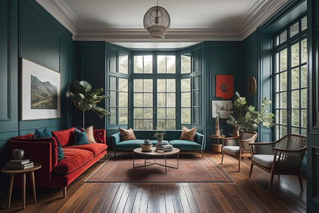 Intérieur classique du salon avec des murs bleus sol en bois canapé vert et fauteuils génératifs ai