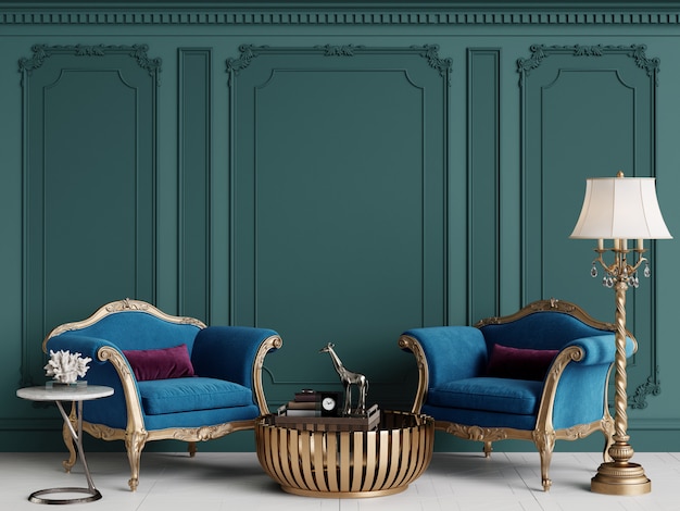 Intérieur classique avec fauteuils bleus et lampadaire