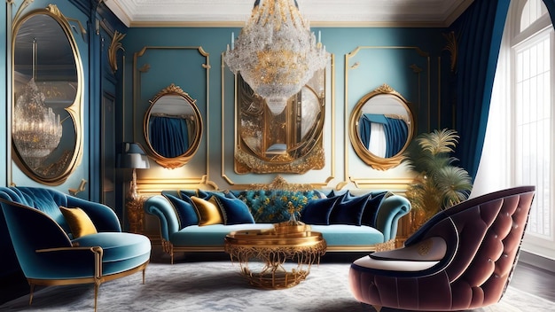 Intérieur classique de luxe avec canapés bleus, fauteuils et miroir 3D