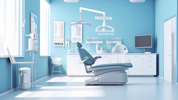 Intérieur d'une clinique dentaire moderne avec murs bleus, sol blanc et chaise bleue rendu 3d