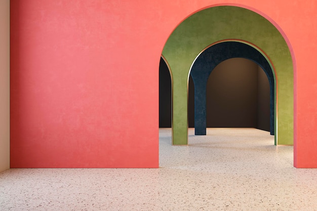 Intérieur coloré avec arches et sol en terrazzo