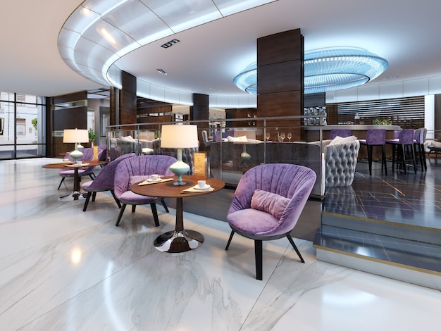 Intérieur coloré de café et de restaurant avec un sol en marbre, des tables rondes en bois et des chaises violettes rembourrées. rendu 3D