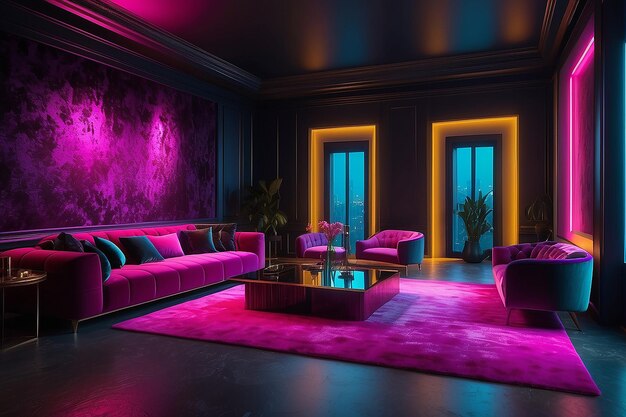 Intérieur coloré salon design velours couleur néon luxe