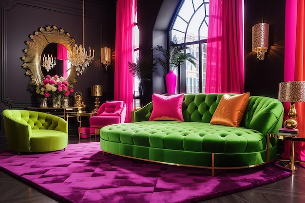 Intérieur coloré salon design velours couleur néon luxe