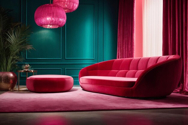 Intérieur coloré salon design velours couleur néon luxe