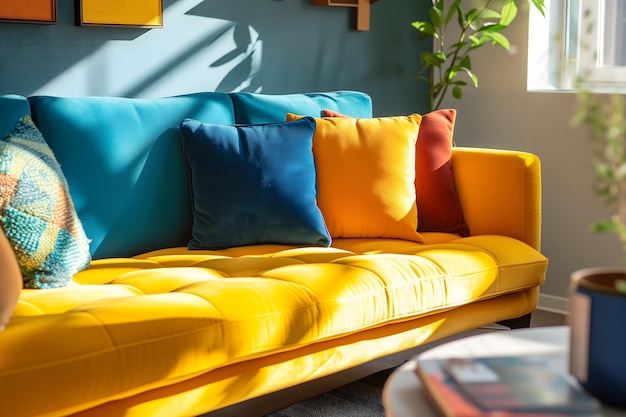 Un intérieur coloré et vif décoré de canapés et d'oreillers