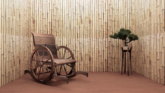 L'intérieur de conception de rendu 3d avec de vieux meubles, un fond en bambou et un parquet vous détendra