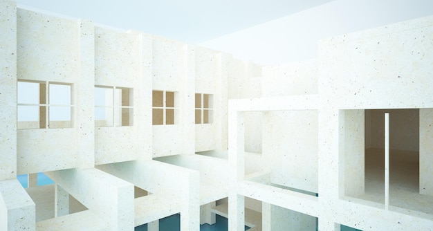 Intérieur concret architectural abstrait d'une maison minimaliste se tenant dans l'eau 3D