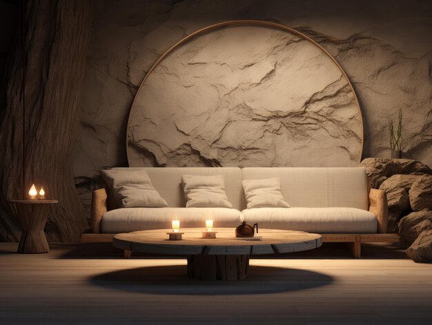 Intérieur confortable beige avec mur de pierre brûlant bougie ambiance paisible canapé et décor Ai généré