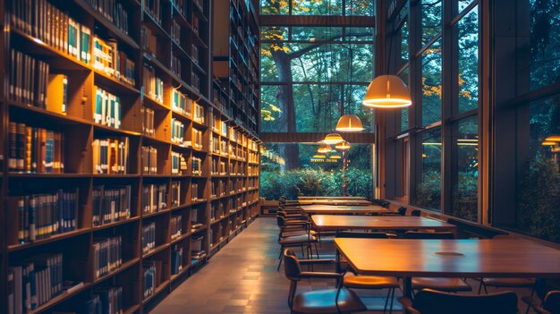 L'intérieur confortable de la bibliothèque universitaire au crépuscule