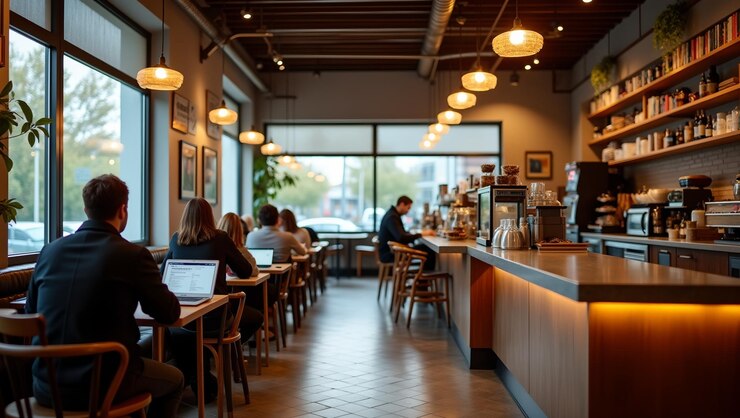 Photo intérieur confortable d'un café moderne avec des personnes travaillant sur des ordinateurs portables image professionnelle en haute résolution capturant l'ambiance d'un espace de travail élégant
